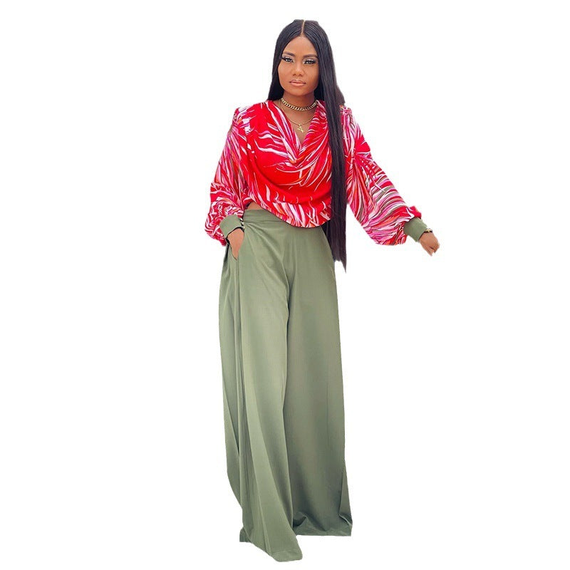 Women's Fashion Casual Printing Lantern Sleeve Shirt Wide Leg Pants Suit