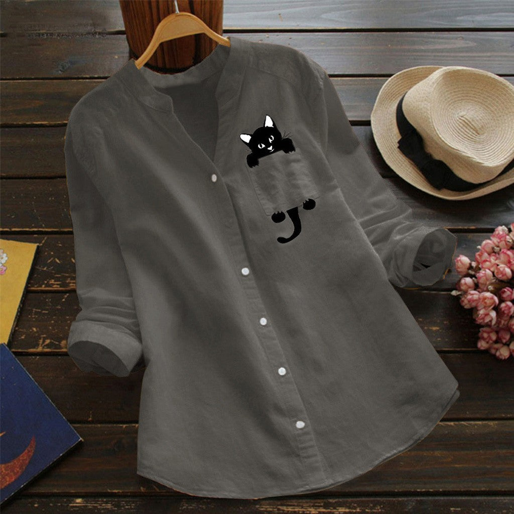 Oversized cat print casual loose shirt