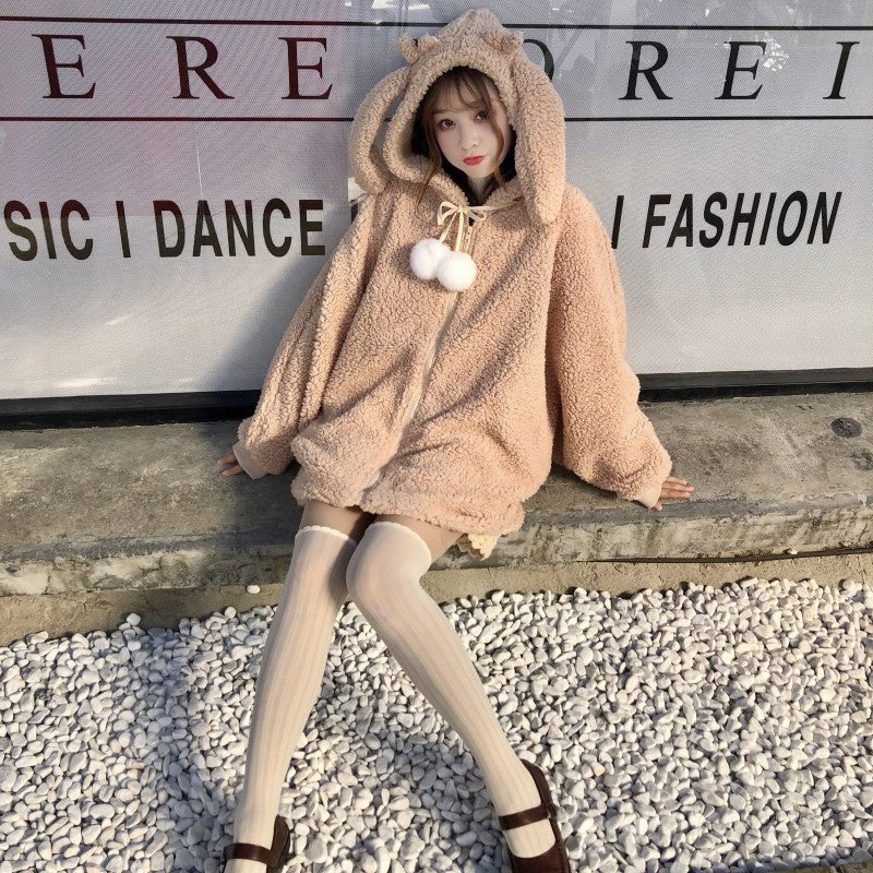 Rabbit ears hooded loose sweater women's velvet jacket