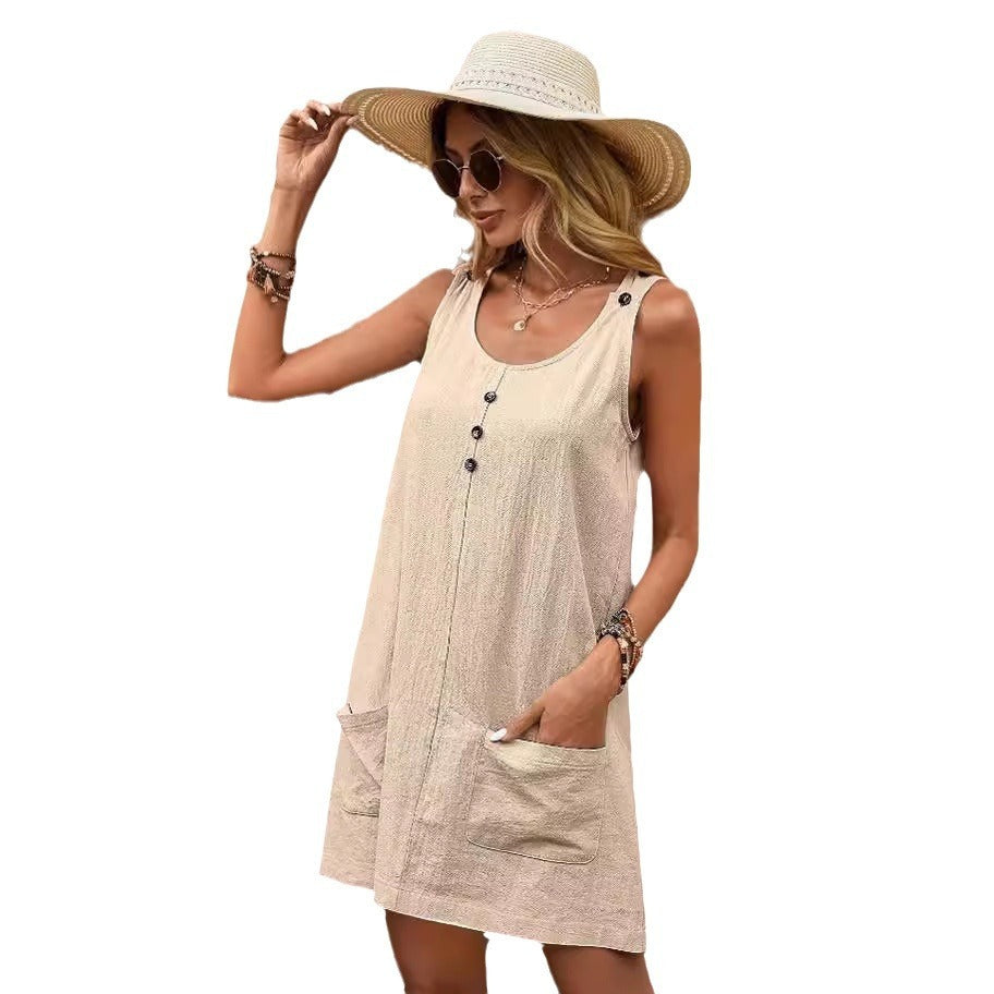 Cotton And Linen Casual Pocket Suspender Skirt Button Adjustable Shoulder Strap Sleeveless Dress