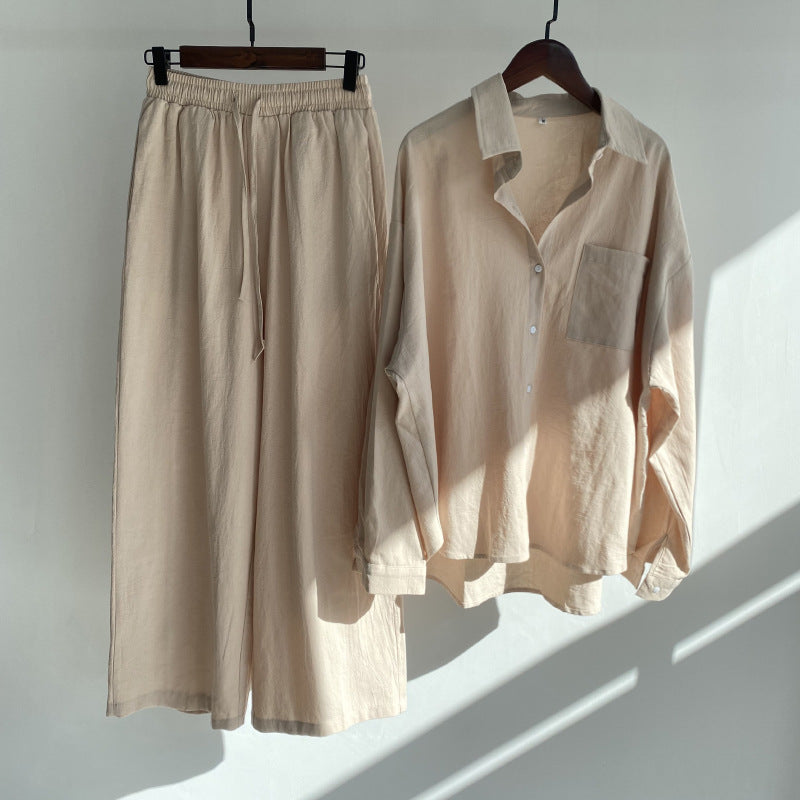 Ladies Vintage Cotton Linen Shirt Suit High Waist Loose Pants