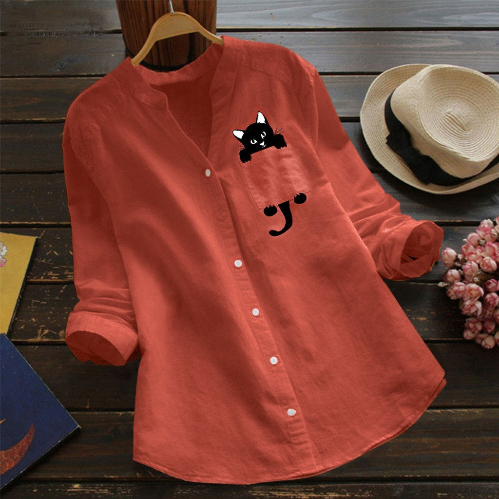 Oversized cat print casual loose shirt