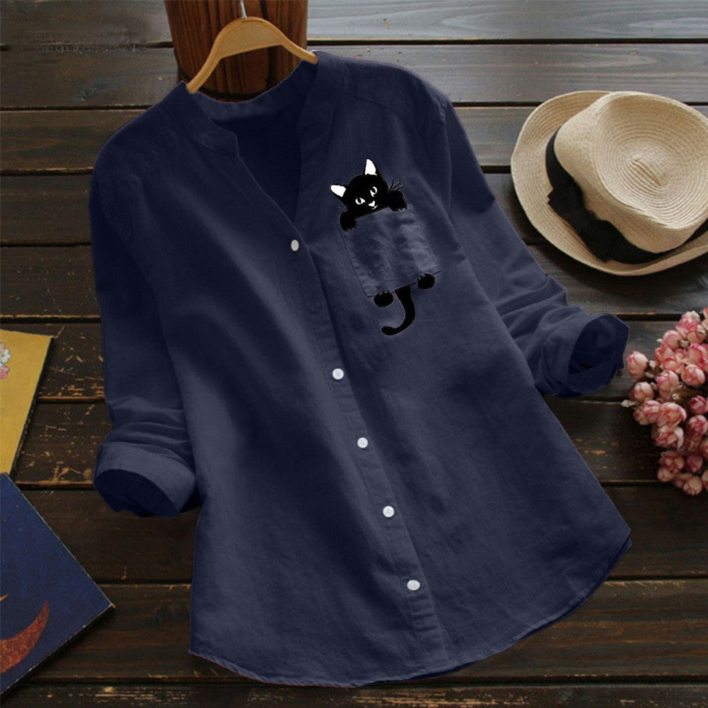 Oversized cat print casual loose shirt