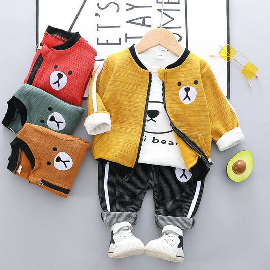 Children's Pants Set Zip-up Shirt Three-piece Cartoon Cotton Bear