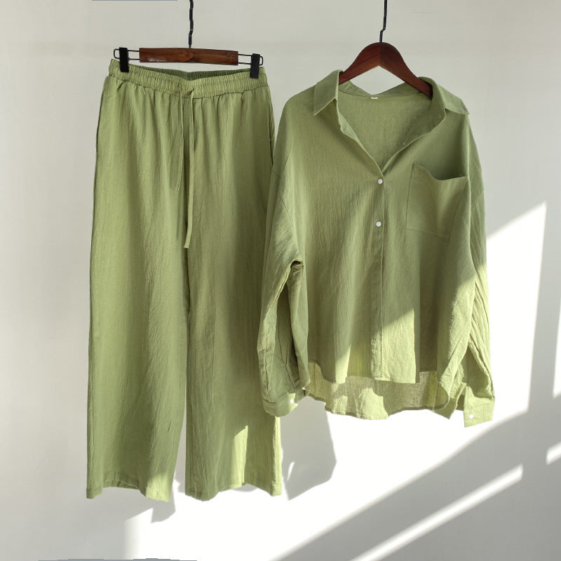 Ladies Vintage Cotton Linen Shirt Suit High Waist Loose Pants