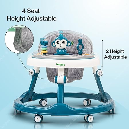 Baybee Drono Baby Walker for Kids, Round, 4-Height Adjustable, Food Tray & Musical Toy Bar, Blue