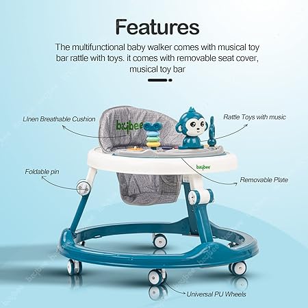 Baybee Drono Baby Walker for Kids, Round, 4-Height Adjustable, Food Tray & Musical Toy Bar, Blue