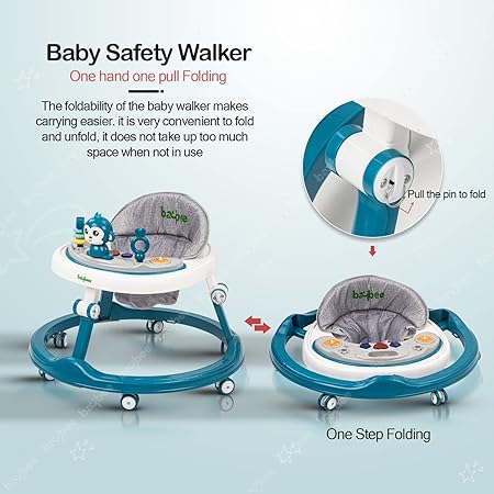 Baybee Drono Baby Walker for Kids, Round, 4-Height Adjustable, Food Tray & Musical Toy Bar, Blue