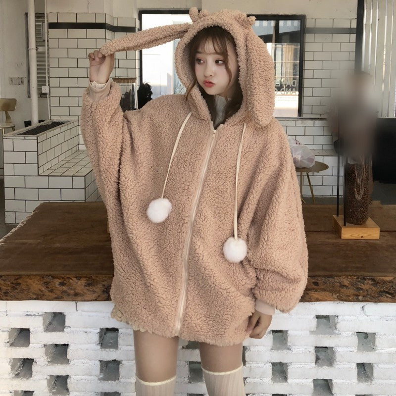 Rabbit ears hooded loose sweater women's velvet jacket