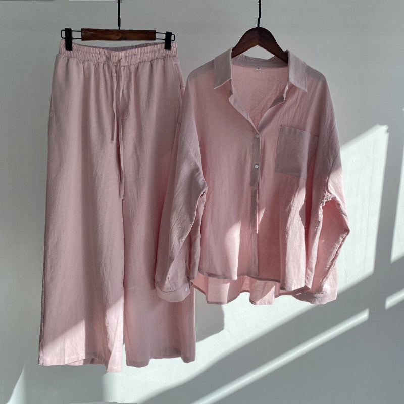 Ladies Vintage Cotton Linen Shirt Suit High Waist Loose Pants