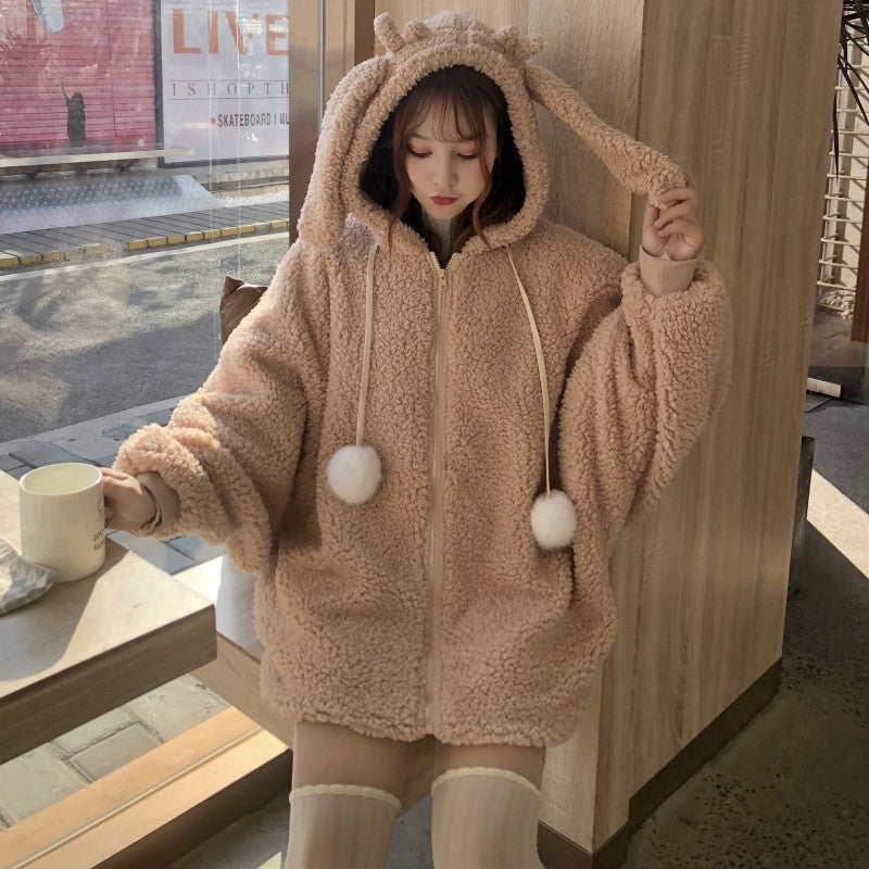 Rabbit ears hooded loose sweater women's velvet jacket