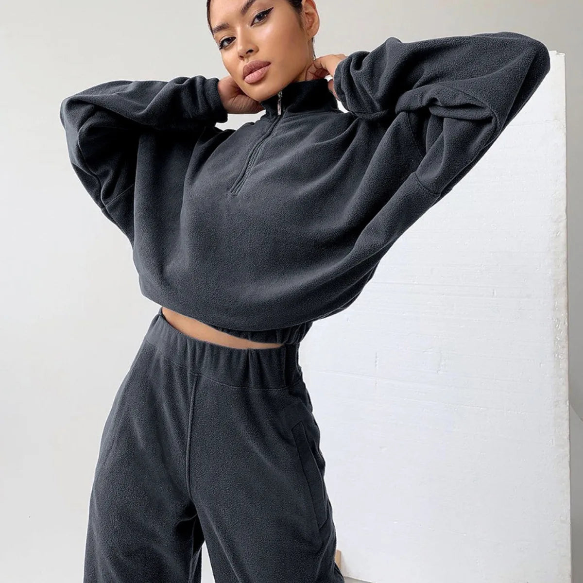 Women's Terry Blend Solid Color Sports Suit Autumn Winter New Half-Zipper Lapel Casual Sweatshirt Pants Two-Piece Sets Tracksuit