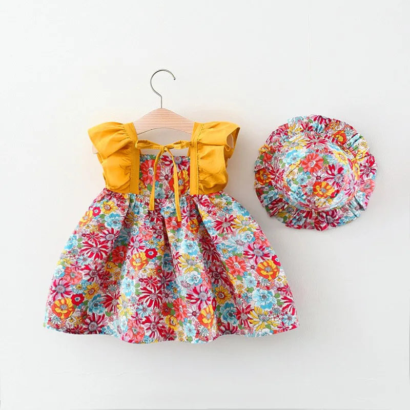 New Summer Girls Little Flying Sleeve Dress Small Floral Hollow Bow After Dew Baby Dress + Hat (0-3 Years Old Girls)