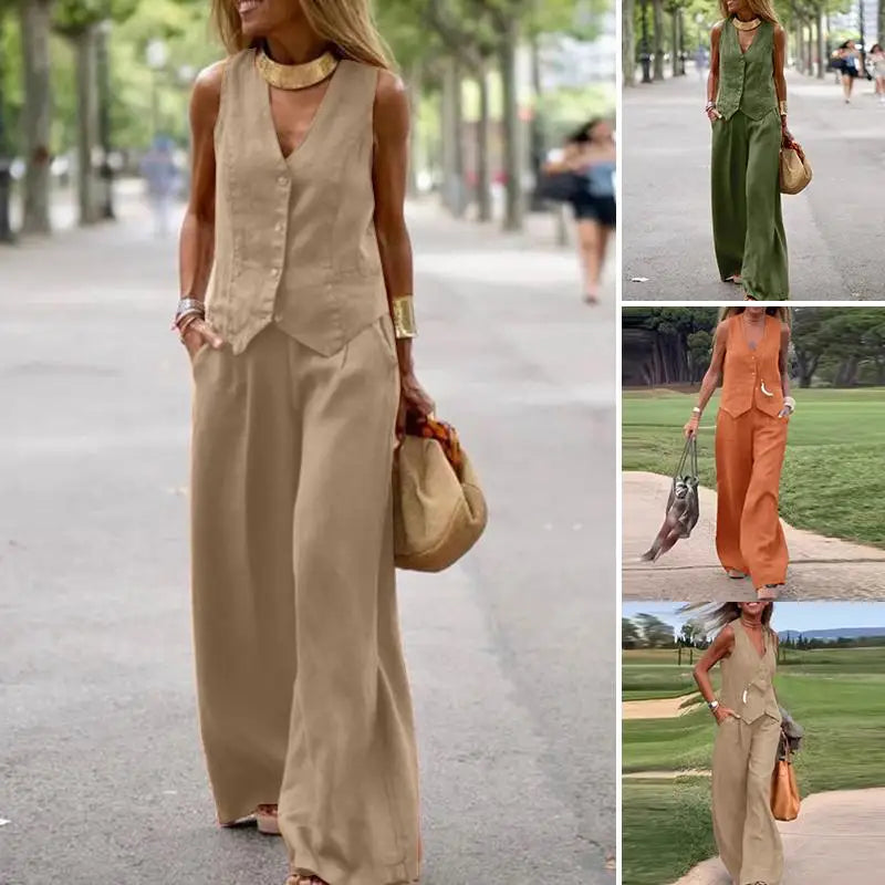 Woman Elegant 2-Piece Pant Sets Casual Vest and Pants Set Trouser Suits OL Fashion Tank Tops 2pcs Outfits Wide Leg