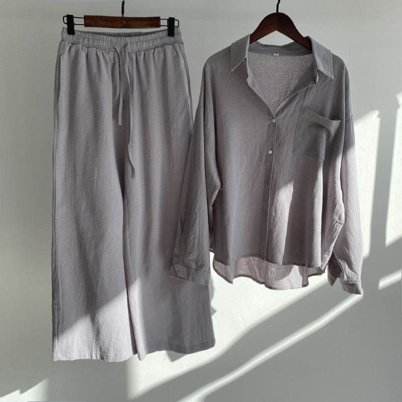 Ladies Vintage Cotton Linen Shirt Suit High Waist Loose Pants