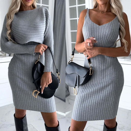 Women's Long-Sleeve Top with Fitted Suspender Skirt – Fashionable Autumn/Winter Set