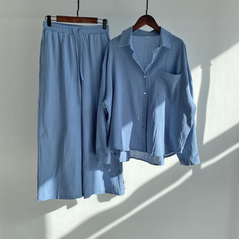 Ladies Vintage Cotton Linen Shirt Suit High Waist Loose Pants